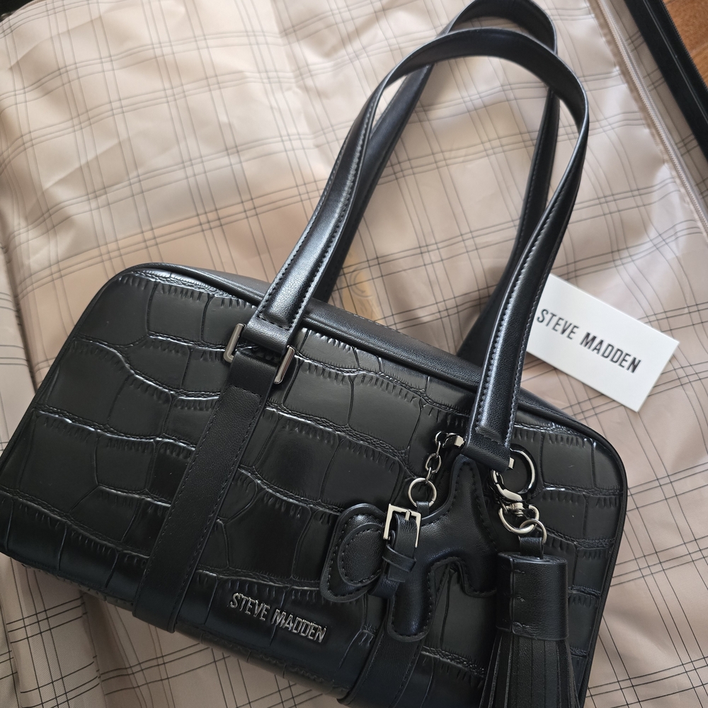 Steve Madden Black Croc-Embossed Satchel with Tassel Charm